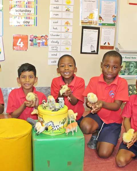 Smiling children gathered around a decorated cake in their classroom